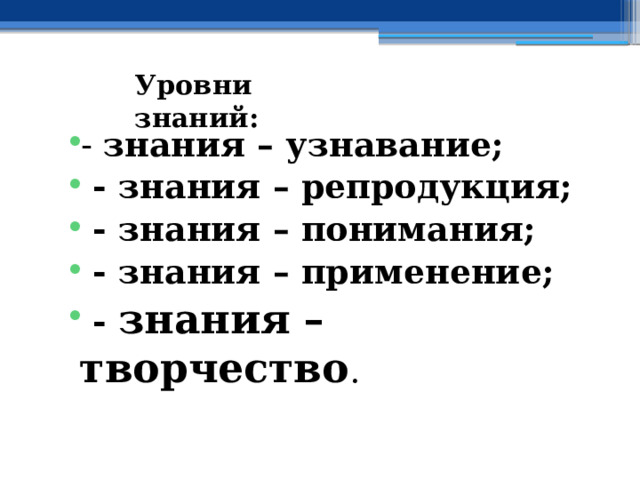 Уровни знаний: - знания – узнавание;  - знания – репродукция;  - знания – понимания;  - знания – применение;  - знания – творчество . 