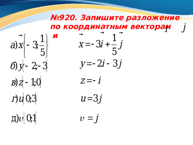 № 920. Запишите разложение по координатным векторам и 