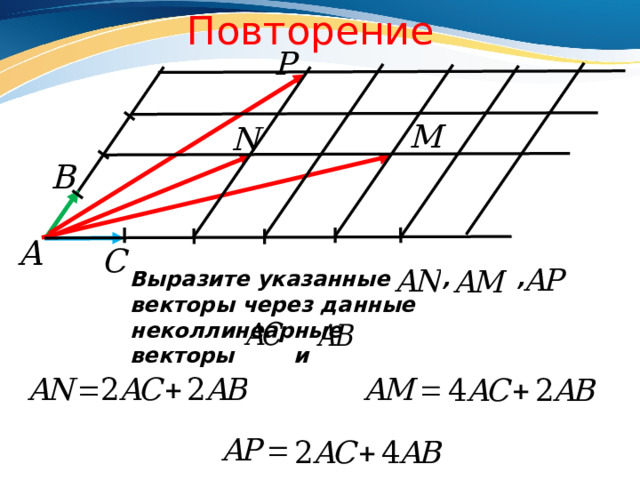 Повторение Выразите указанные , , векторы через данные неколлинеарные векторы и 
