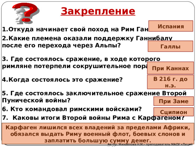 Закрепление Испания 1.Откуда начинает свой поход на Рим Ганнибал? 2.Какие племена оказали поддержку Ганнибалу после его перехода через Альпы?  3. Где состоялось сражение, в ходе которого римляне потерпели сокрушительное поражение?  4.Когда состоялось это сражение?  5. Где состоялось заключительное сражение Второй Пунической войны? 6. Кто командовал римскими войсками? 7. Каковы итоги Второй войны Рима с Карфагеном? Галлы При Каннах В 216 г. до н.э. При Заме Сципион Карфаген лишился всех владений за пределами Африки, обязался выдать Риму военный флот, боевых слонов и заплатить большую сумму денег. Автор: Михайлова Н.М.- преподаватель МАОУ «Лицей № 21» 