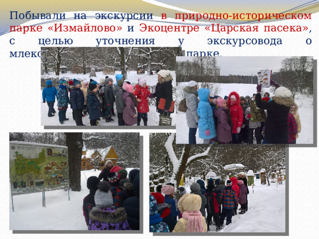 Побывали на экскурсии в природно-историческом парке «Измайлово» и Экоцентре «Царская пасека» , с целью уточнения у экскурсовода о млекопитающих, обитающих в парке. 