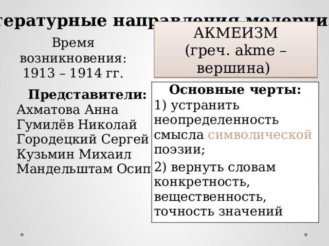 Литературные направления модернизма АКМЕИЗМ (греч. akme – вершина) Время возникновения: 1913 – 1914 гг. Основные черты: 1) устранить неопределенность смысла символической поэзии; 2) вернуть словам конкретность, вещественность, точность значений Представители: Ахматова Анна Гумилёв Николай Городецкий Сергей Кузьмин Михаил Мандельштам Осип 