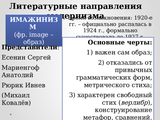 Литературные направления модернизма Время возникновения: 1920-е гг. – официально распалась в 1924 г., формально существовала до 1927 г. ИМАЖИНИЗМ  (фр. image – образ) Основные черты: 1) важен сам образ; 2) отказались от привычных грамматических форм, метрического стиха; 3) характерен свободный стих ( верлибр ), конструирование метафор, сравнений. Представители : Есенин Сергей Мариенгоф Анатолий Рюрик Ивнев (Михаил Ковалёв) 