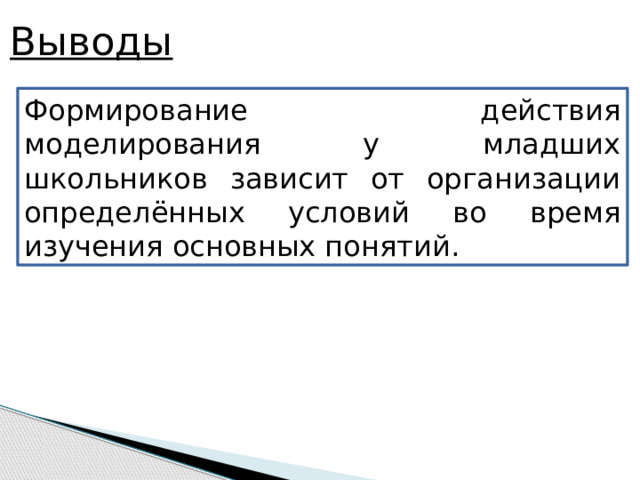 Выводы Формирование действия моделирования у младших школьников зависит от организации определённых условий во время изучения основных понятий. 