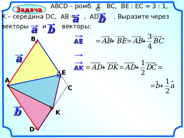  АВС D – ромб. Е ВС, ВЕ : ЕС = 3 : 1, К – середина DC , АВ = , AD =   .  Выразите через векторы и векторы: Задача a b a b В AE a AK E А С Гаврилова Н.Ф. «Поурочные разработки по геометрии: 9 класс». – М.: ВАКО, 2007. – 320 с. – (В помощь школьному учителю) b K D 3 
