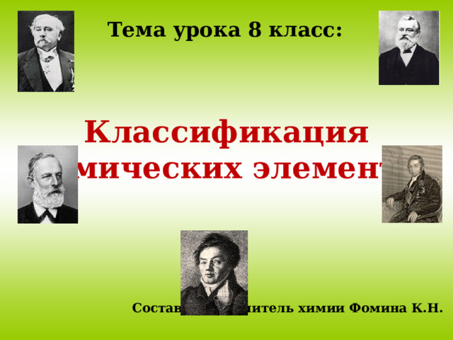 Тема урока 8 класс:  Классификация химических элементов      Составитель: учитель химии Фомина К.Н.     
