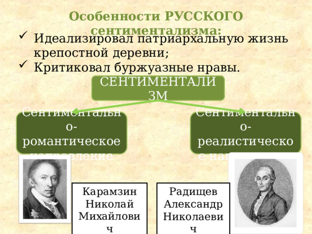 Особенности русского сентиментализма: Идеализировал патриархальную жизнь крепостной деревни; Критиковал буржуазные нравы. сентиментализм Сентиментально-романтическое направление Сентиментально-реалистическое направление Карамзин Николай Михайлович Радищев Александр Николаевич 