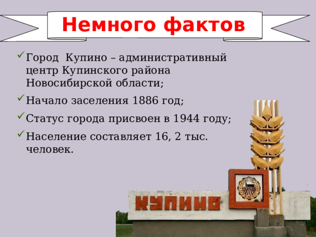 Немного фактов Город Купино – административный центр Купинского района Новосибирской области; Начало заселения 1886 год; Статус города присвоен в 1944 году; Население составляет 16, 2 тыс. человек. 