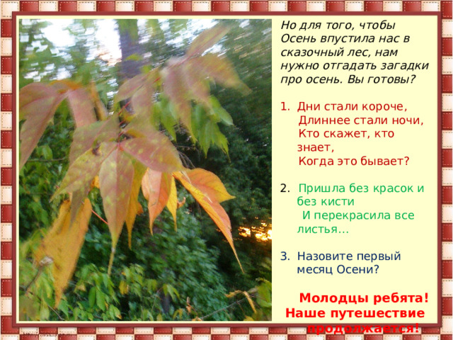 Но для того, чтобы Осень впустила нас в сказочный лес, нам нужно отгадать загадки про осень. Вы готовы? Дни стали короче,  Длиннее стали ночи,  Кто скажет, кто знает,  Когда это бывает? 2. Пришла без красок и без кисти  И перекрасила все листья… Назовите первый месяц Осени?  Молодцы ребята! Наше путешествие продолжается!  