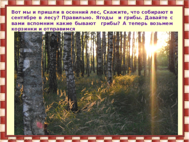 Вот мы и пришли в осенний лес, Скажите, что собирают в сентябре в лесу? Правильно. Ягоды и грибы. Давайте с вами вспомним какие бывают грибы? А теперь возьмем корзинки и отправимся  дальше. 