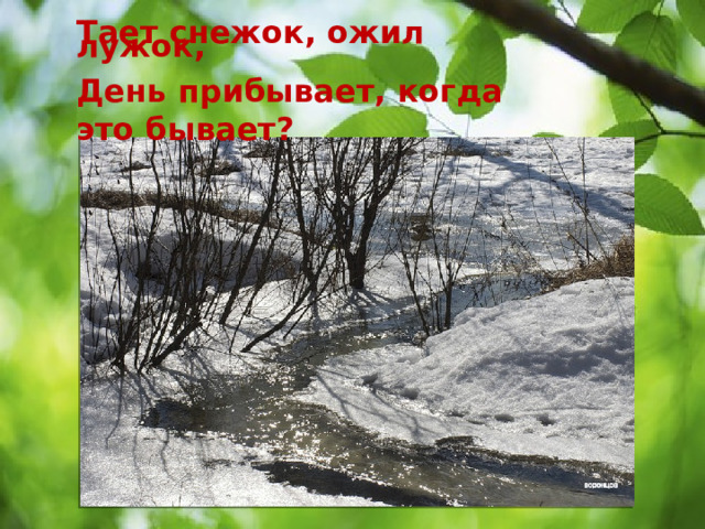 Тает снежок, ожил лужок, День прибывает, когда это бывает? 