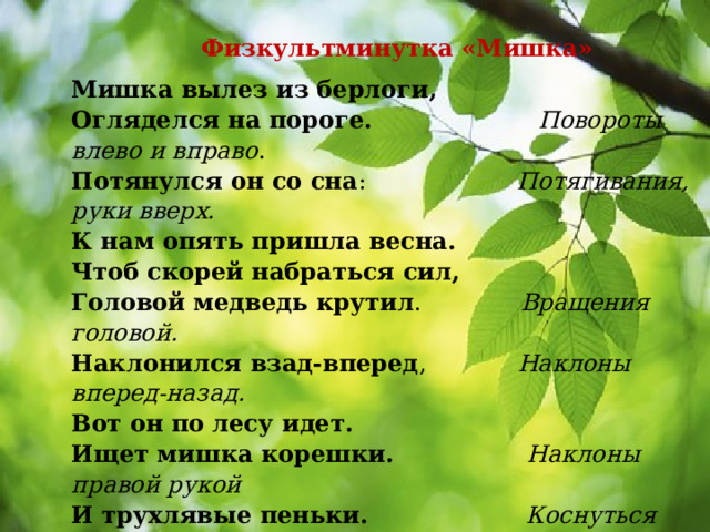 Физкультминутка «Мишка» Мишка вылез из берлоги, Огляделся на пороге. Повороты влево и вправо . Потянулся он со сна : Потягивания, руки вверх. К нам опять пришла весна. Чтоб скорей набраться сил, Головой медведь крутил . Вращения головой. Наклонился взад-вперед , Наклоны вперед-назад. Вот он по лесу идет. Ищет мишка корешки. Наклоны правой рукой И трухлявые пеньки. Коснуться левой ступни, В них съедобные личинки -  потом наоборот. Для медведя витаминки. Наконец медведь наелся И на бревнышко уселся . Дети садятся. 
