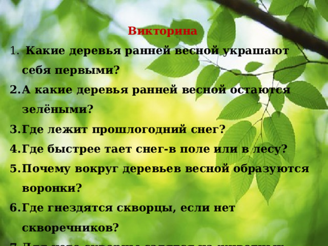  Викторина   Какие деревья ранней весной украшают себя первыми? А какие деревья ранней весной остаются зелёными? Где лежит прошлогодний снег? Где быстрее тает снег-в поле или в лесу? Почему вокруг деревьев весной образуются воронки? Где гнездятся скворцы, если нет скворечников? Для чего скворцы садятся на животных весной (коров, лошадей)? Почему птицы летят за тракторами и садятся на вспаханную землю?   