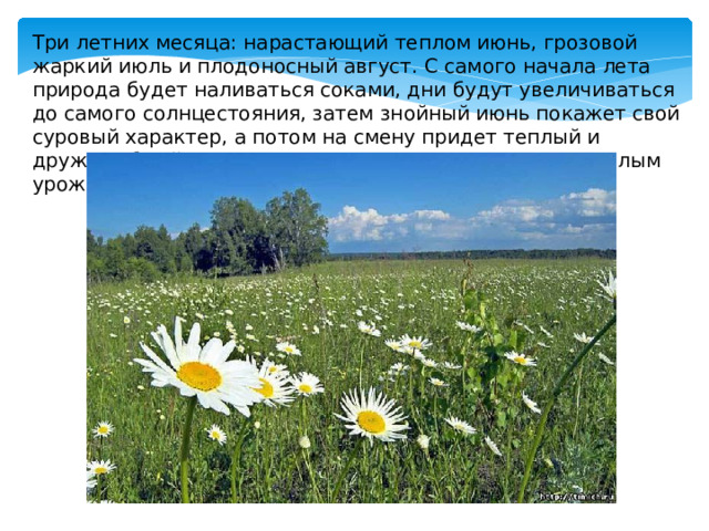 Три летних месяца: нарастающий теплом июнь, грозовой жаркий июль и плодоносный август. С самого начала лета природа будет наливаться соками, дни будут увеличиваться до самого солнцестояния, затем знойный июнь покажет свой суровый характер, а потом на смену придет теплый и дружелюбный август, наградит за терпение и труд спелым урожаем. 
