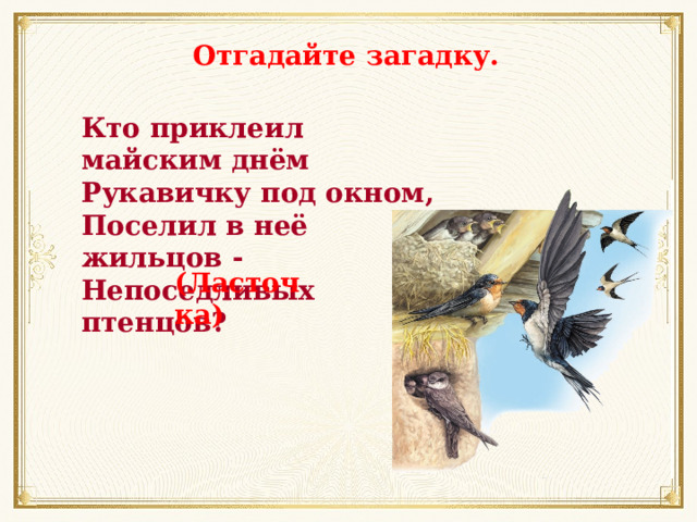 Отгадайте загадку. Кто приклеил майским днём Рукавичку под окном, Поселил в неё жильцов - Непоседливых птенцов? (Ласточка) 