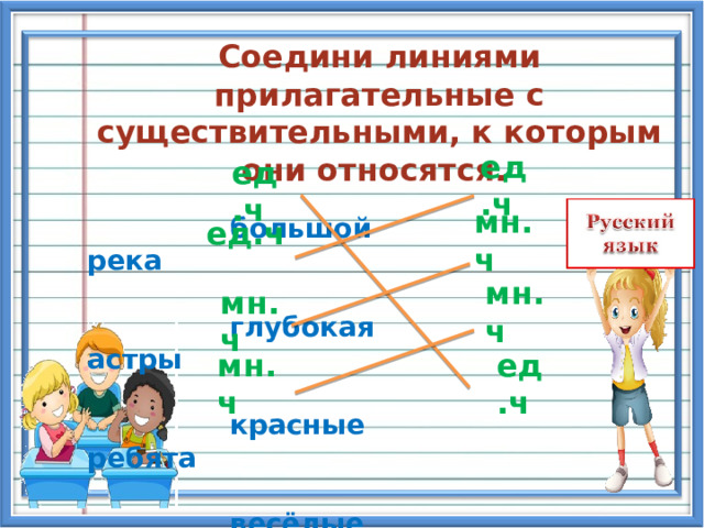  Соедини линиями прилагательные с существительными, к которым они относятся.     большой река     глубокая астры     красные  ребята    весёлые  крокодил ед.ч ед.ч мн.ч ед.ч мн.ч мн.ч мн.ч ед.ч 
