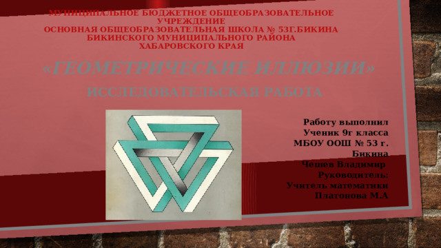 Муниципальное бюджетное общеобразовательное учреждение  основная общеобразовательная школа № 53г.Бикина  Бикинского муниципального района  Хабаровского края «Геометрические Иллюзии» Исследовательская работа    Работу выполнил Ученик 9г класса МБОУ ООШ № 53 г. Бикина Чешев Владимир Руководитель: Учитель математики Платонова М.А 