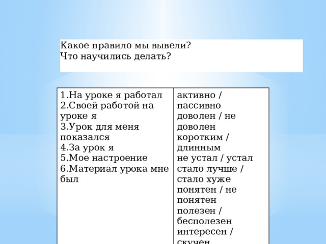 Какое правило мы вывели? Что научились делать? 1.На уроке я работал  2.Своей работой на уроке я  3.Урок для меня показался  4.За урок я  5.Мое настроение  6.Материал урока мне был     активно / пассивно  доволен / не доволен  коротким / длинным  не устал / устал  стало лучше / стало хуже  понятен / не понятен  полезен / бесполезен  интересен / скучен  легким / трудным интересно / не интересно 