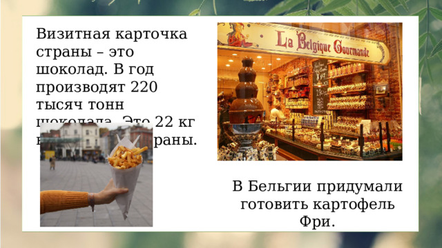 Визитная карточка страны – это шоколад. В год производят 220 тысяч тонн шоколада. Это 22 кг на 1 жителя страны. В Бельгии придумали готовить картофель Фри. 
