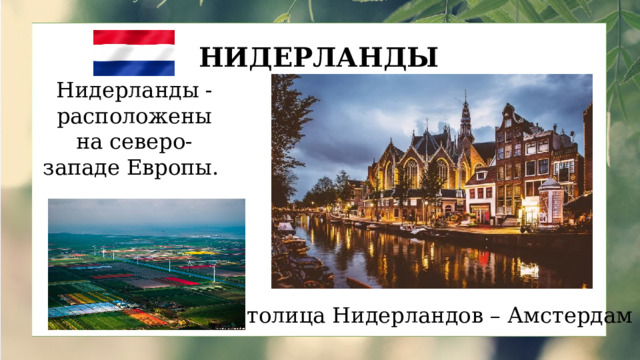 НИДЕРЛАНДЫ Нидерланды - расположены на северо-западе Европы. Столица Нидерландов – Амстердам 
