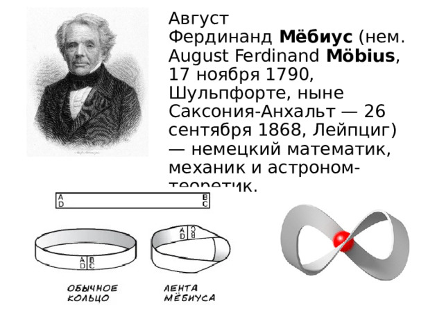 Август Фердинанд  Мёбиус  (нем. August Ferdinand  Möbius , 17 ноября 1790, Шульпфорте, ныне Саксония-Анхальт — 26 сентября 1868, Лейпциг) — немецкий математик, механик и астроном-теоретик. 