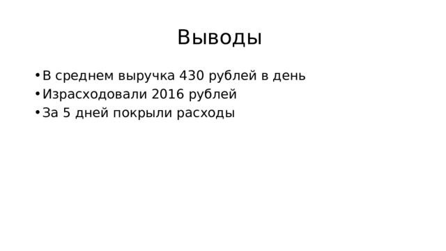 Выводы В среднем выручка 430 рублей в день Израсходовали 2016 рублей За 5 дней покрыли расходы 