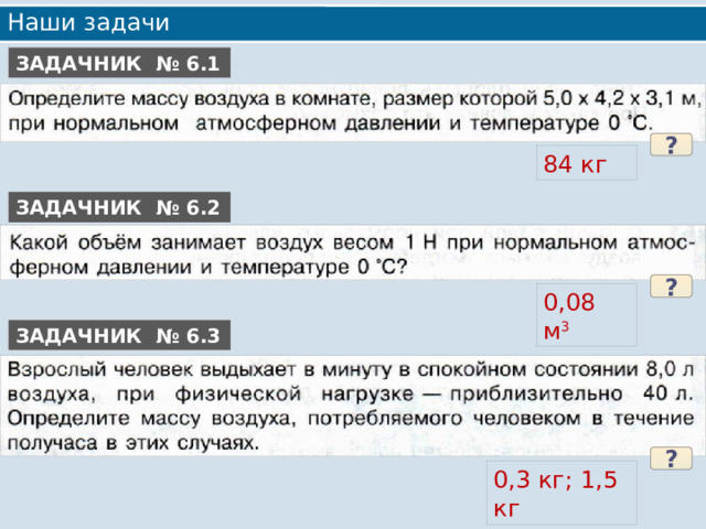 Наши задачи ЗАДАЧНИК № 6.1 ? 84 кг ЗАДАЧНИК № 6.2 ? 0,08 м 3 ЗАДАЧНИК № 6.3 ? 0,3 кг; 1,5 кг 