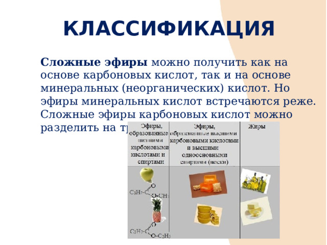КЛАССИФИКАЦИЯ Сложные эфиры можно получить как на основе карбоновых кислот, так и на основе минеральных (неорганических) кислот. Но эфиры минеральных кислот встречаются реже. Сложные эфиры карбоновых кислот можно разделить на три группы . 