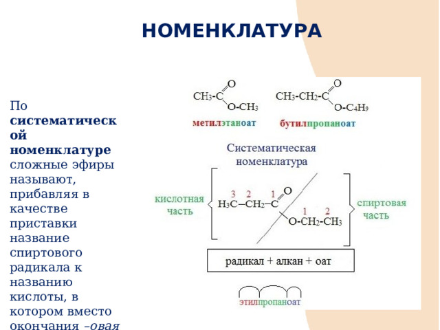 НОМЕНКЛАТУРА По систематической номенклатуре сложные эфиры называют, прибавляя в качестве приставки название спиртового радикала к названию кислоты, в котором вместо окончания –овая кислота используют суффикс –оaт , например : 