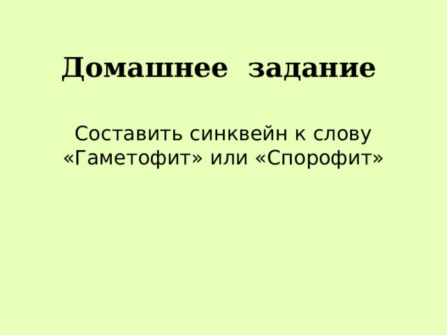 Домашнее задание Составить синквейн к слову «Гаметофит» или «Спорофит» 