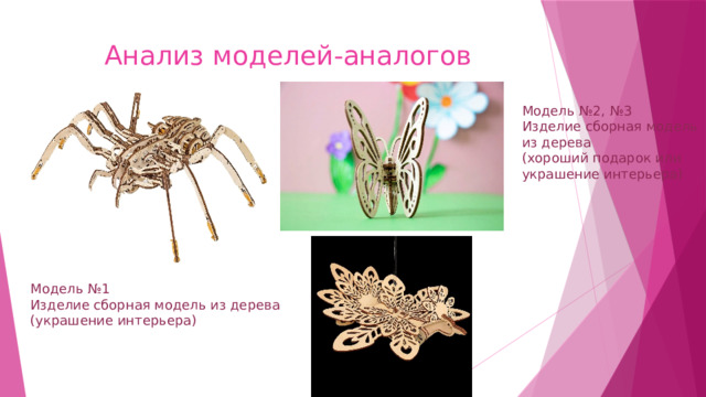 Анализ моделей-аналогов Модель №2, №3  Изделие сборная модель  из дерева  (хороший подарок или  украшение интерьера) Модель №1  Изделие сборная модель из дерева  (украшение интерьера) 