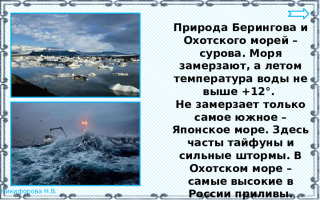 Природа Берингова и Охотского морей – сурова. Моря замерзают, а летом температура воды не выше +12°. Не замерзает только самое южное – Японское море. Здесь часты тайфуны и сильные штормы. В Охотском море – самые высокие в России приливы. 