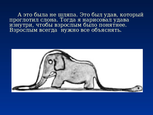      А это была не шляпа. Это был удав, который проглотил слона. Тогда я нарисовал удава изнутри, чтобы взрослым было понятнее. Взрослым всегда нужно все объяснять.  