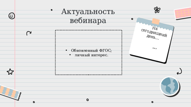 На сегодняшний день…  ... Актуальность вебинара Обновленный ФГОС; личный интерес. 