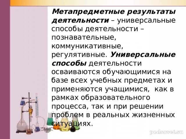 Метапредметные результаты деятельности – универсальные способы деятельности – познавательные, коммуникативные, регулятивные. Универсальные способы деятельности осваиваются обучающимися на базе всех учебных предметах и применяются учащимися,  как в рамках образовательного процесса, так и при решении проблем в реальных жизненных ситуациях. 