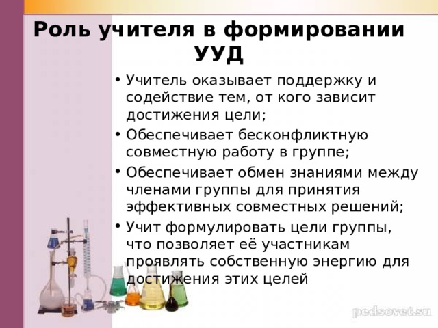Роль учителя в формировании УУД Учитель оказывает поддержку и содействие тем, от кого зависит достижения цели; Обеспечивает бесконфликтную совместную работу в группе; Обеспечивает обмен знаниями между членами группы для принятия эффективных совместных решений; Учит формулировать цели группы, что позволяет её участникам проявлять собственную энергию для достижения этих целей 