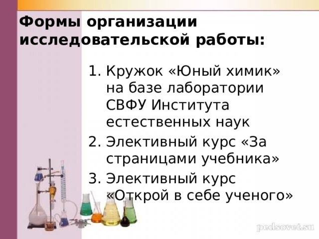 Формы организации исследовательской работы: Кружок «Юный химик» на базе лаборатории СВФУ Института естественных наук Элективный курс «За страницами учебника» Элективный курс «Открой в себе ученого» 