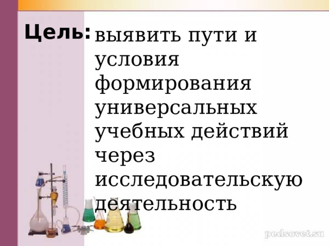 Цель:  выявить пути и условия формирования универсальных учебных действий через исследовательскую деятельность 