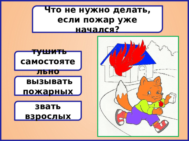 Что не нужно делать, если пожар уже начался?  тушить самостоятельно  вызывать пожарных звать взрослых 