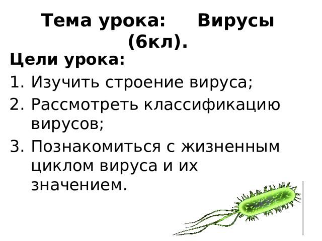 Тема урока: Вирусы (6кл). Цели урока: Изучить строение вируса; Рассмотреть классификацию вирусов; Познакомиться с жизненным циклом вируса и их значением. 