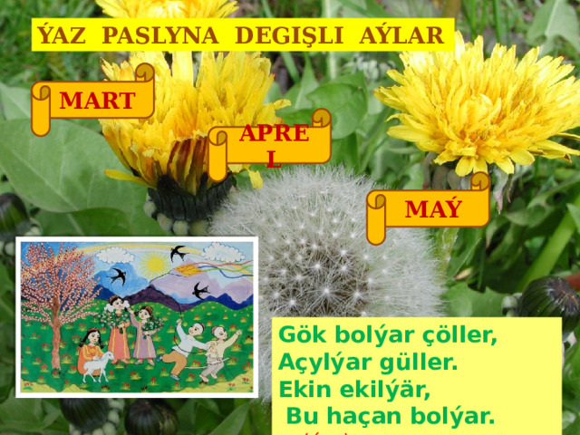 ÝAZ PASLYNA DEGIŞLI AÝLAR MART APREL MAÝ Gök bolýar çöller, Açylýar güller. Ekin ekilýär,  Bu haçan bolýar.   (ýaz)  