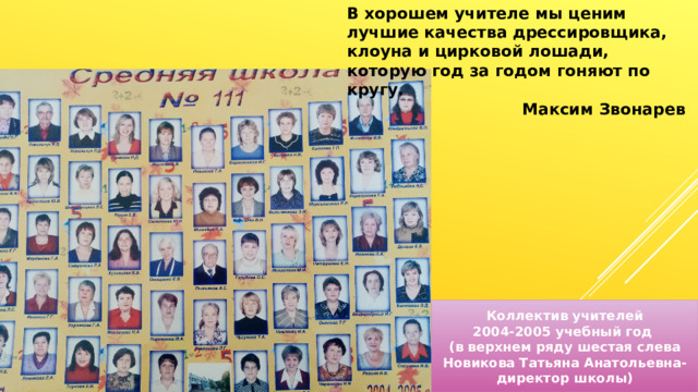 В хорошем учителе мы ценим лучшие качества дрессировщика, клоуна и цирковой лошади, которую год за годом гоняют по кругу. Максим Звонарев Коллектив учителей 2004-2005 учебный год (в верхнем ряду шестая слева Новикова Татьяна Анатольевна- директор школы) 