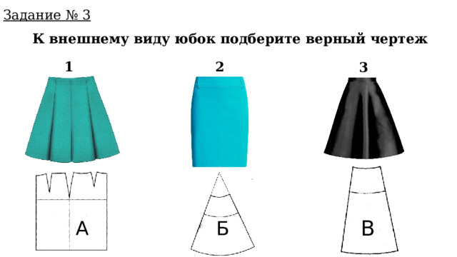 Задание № 3 К внешнему виду юбок подберите верный чертеж 1 2 3 В А Б 