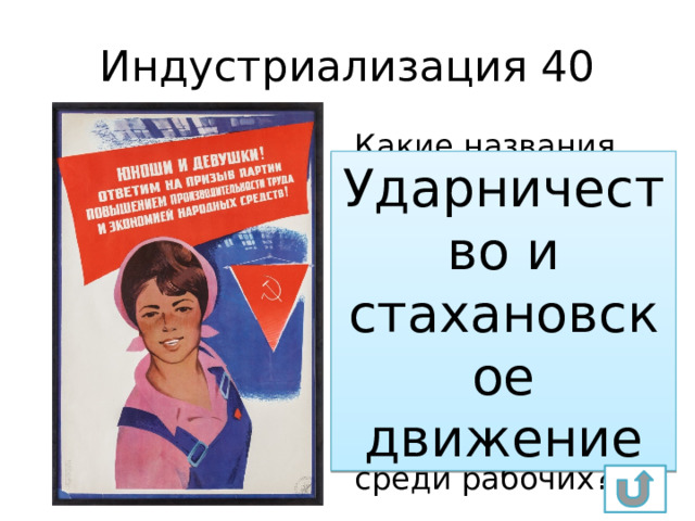 Индустриализация 40 Какие названия получили практики проведения соревнований по установлению рекордов скорости выпуска новой продукции среди рабочих? Ударничество и стахановское движение 