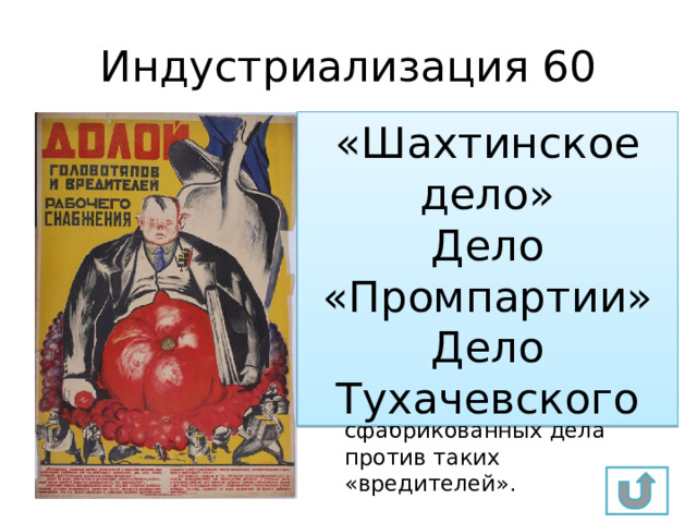 Индустриализация 60 «Шахтинское дело» Дело «Промпартии» Дело Тухачевского Для стимулирования темпов производства использовались и репрессии. В срывах плановых заданий, авариях на производстве обвинялись «вредители» из числа специалистов в различных сферах народного хозяйства. Назовите любые три сфабрикованных дела против таких «вредителей». 
