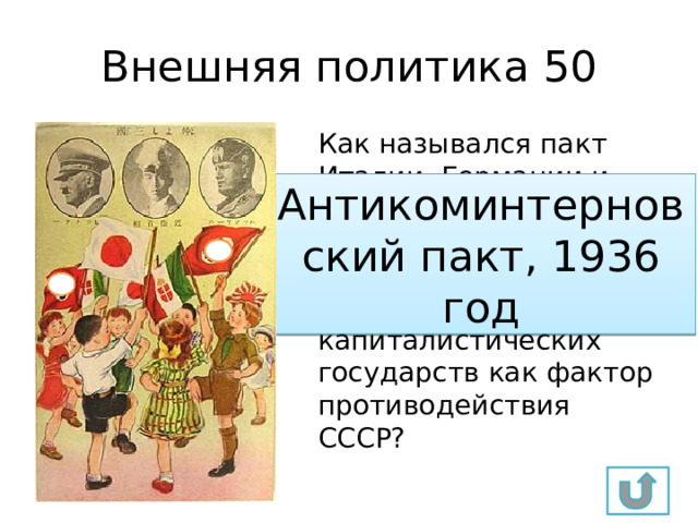 Внешняя политика 50 Как назывался пакт Италии, Германии и Японии, который был воспринят антикоммунистическими кругами капиталистических государств как фактор противодействия СССР? Антикоминтерновский пакт, 1936 год 