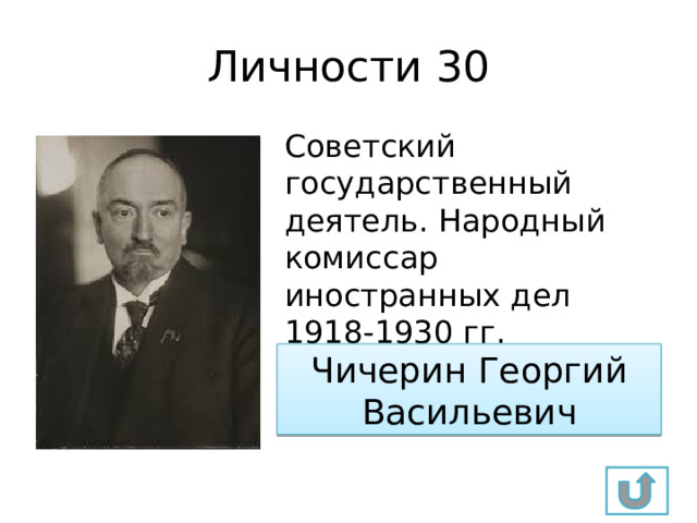 Личности 30 Советский государственный деятель. Народный комиссар иностранных дел 1918-1930 гг. Участник Генуэзской конференции. Чичерин Георгий Васильевич 