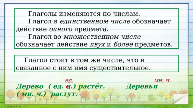  Глаголы изменяются по числам.  Глагол в единственном числе обозначает действие одного предмета.  Глагол во множественном числе обозначает действие двух и более предметов.  Глагол стоит в том же числе, что и связанное с ним имя существительное. ед. ч. мн. ч. Дерево  ( ед. ч.) растёт.  Деревья ( мн. ч.) растут. 