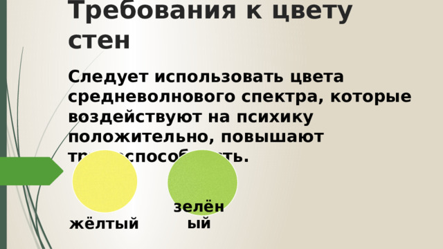 Требования к цвету стен Следует использовать цвета средневолнового спектра, которые воздействуют на психику положительно, повышают трудоспособность. зелёный жёлтый 