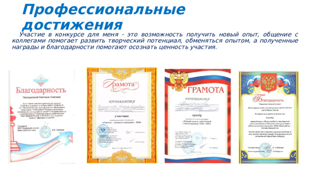 Профессиональные достижения  Участие в конкурсе для меня - это возможность получить новый опыт, общение с  коллегами помогает развить творческий потенциал, обменяться опытом, а полученные  награды и благодарности помогают осознать ценность участия. 